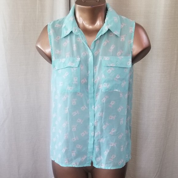 CUTE Semi Sheer Sleeveless Top with Bunnies on it - Picture 1 of 6